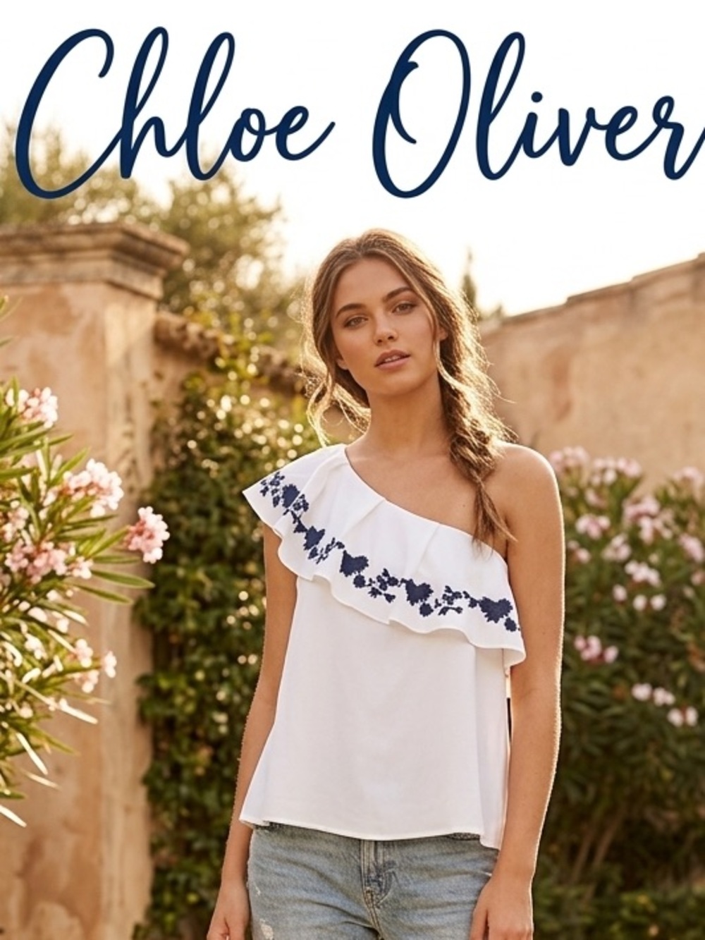 Chloe Oliver's One-Shoulder Ruffle Embroidered Top - White with Navy Floral Trim